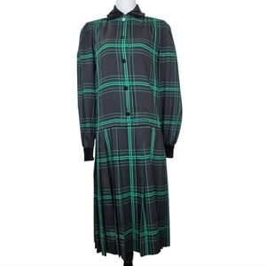 Celine Vintage Wool Plaid long sleeves pleated midi dress with Velvet contrast